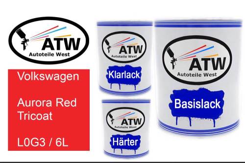 Volkswagen, Aurora Red Tricoat, L0G3 / 6L: 1L Lackdose + 1L Klarlack + 500ml Härter - Set, von ATW Autoteile West.